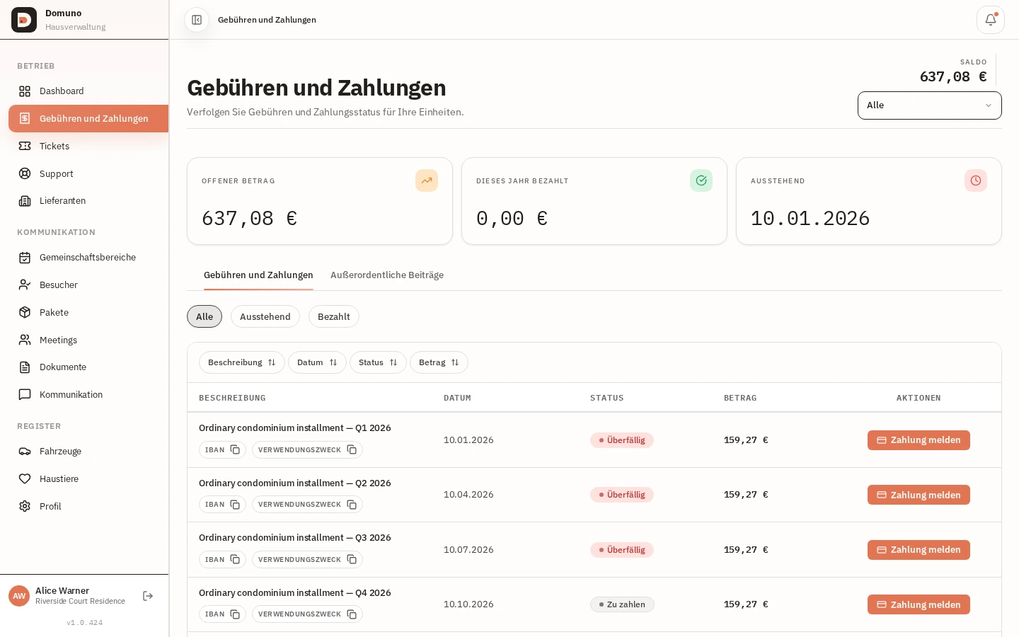 Bildschirm Gebühren und Zahlungen mit Übersicht, Filtern und Ratenverlauf.