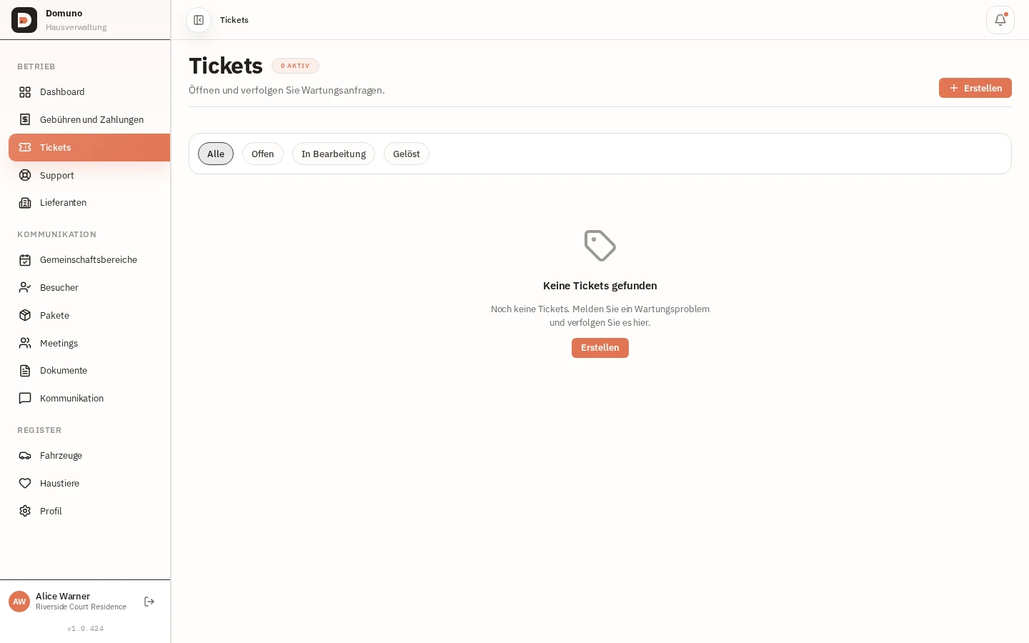 Bewohner-Ticketliste mit Status und Priorität jeder Anfrage.
