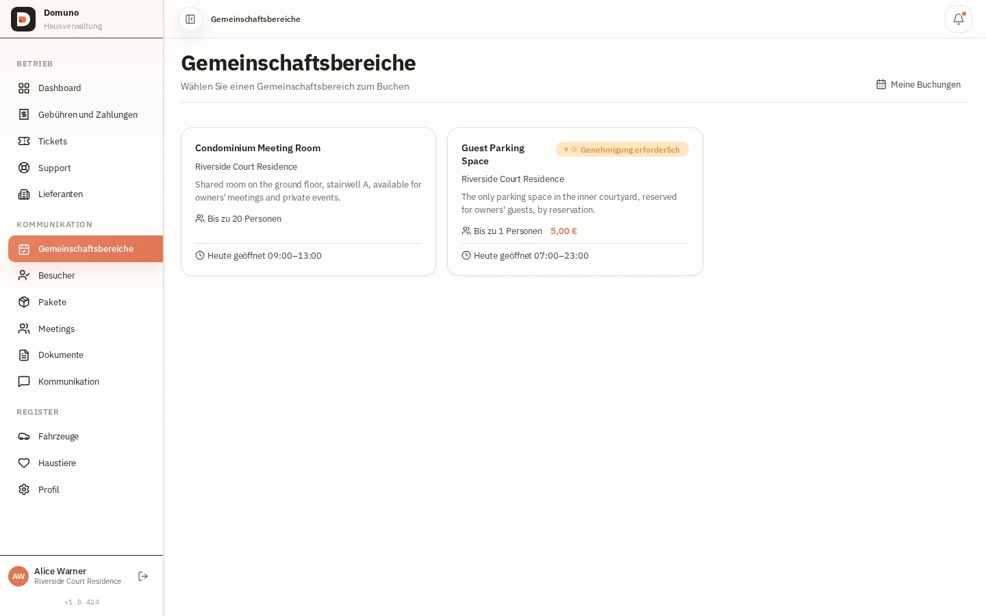 Verfügbare Gemeinschaftsbereiche zur Buchung mit Regeln und Status.