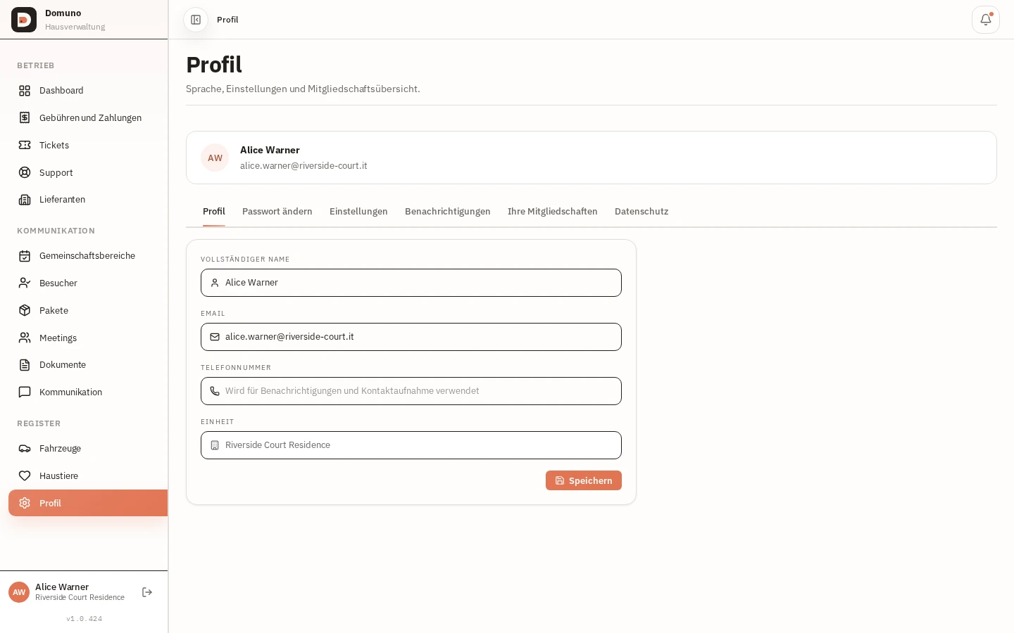 Bewohnerprofil mit Kontodaten und Zugriff auf Fahrzeuge und Haustiere.