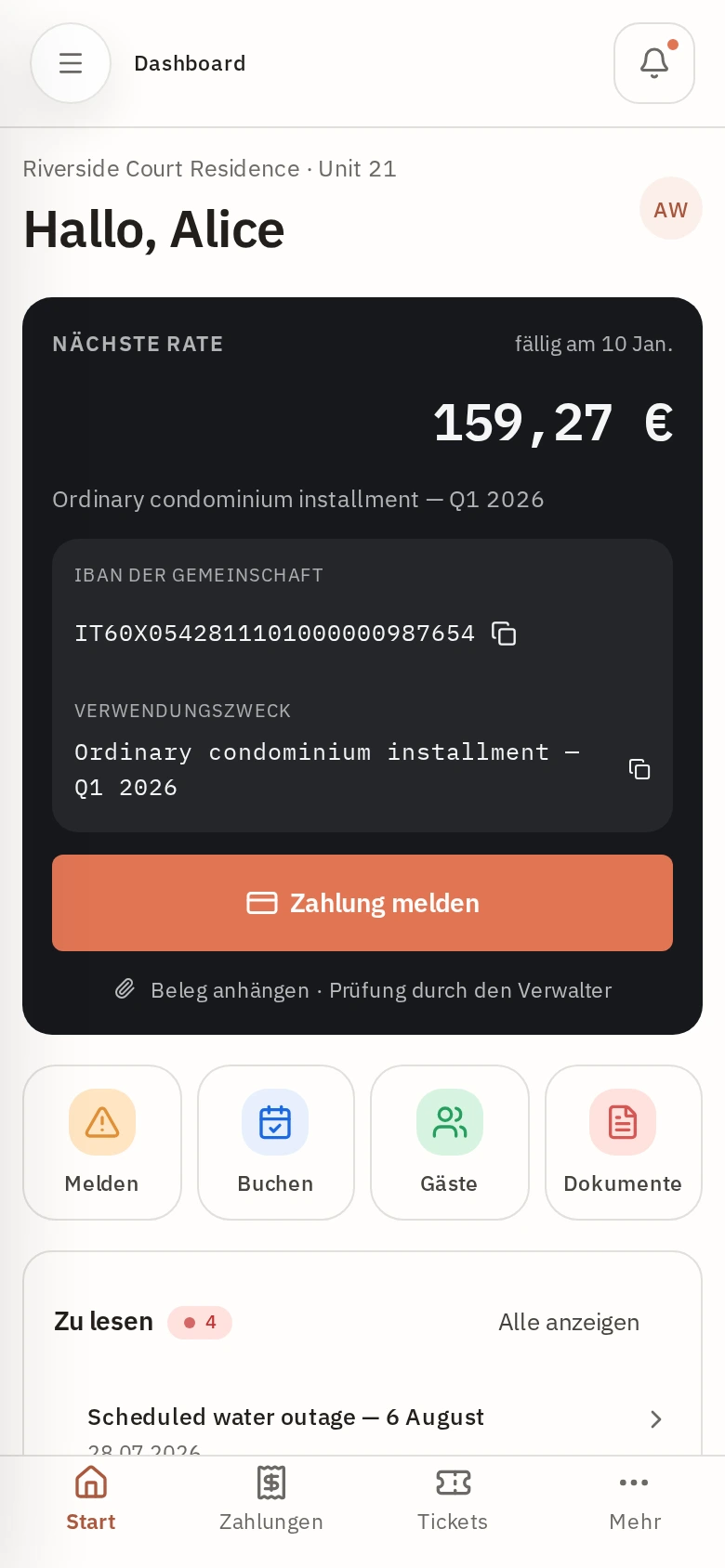 Bewohner-Dashboard auf dem Smartphone mit unterer Navigationsleiste.