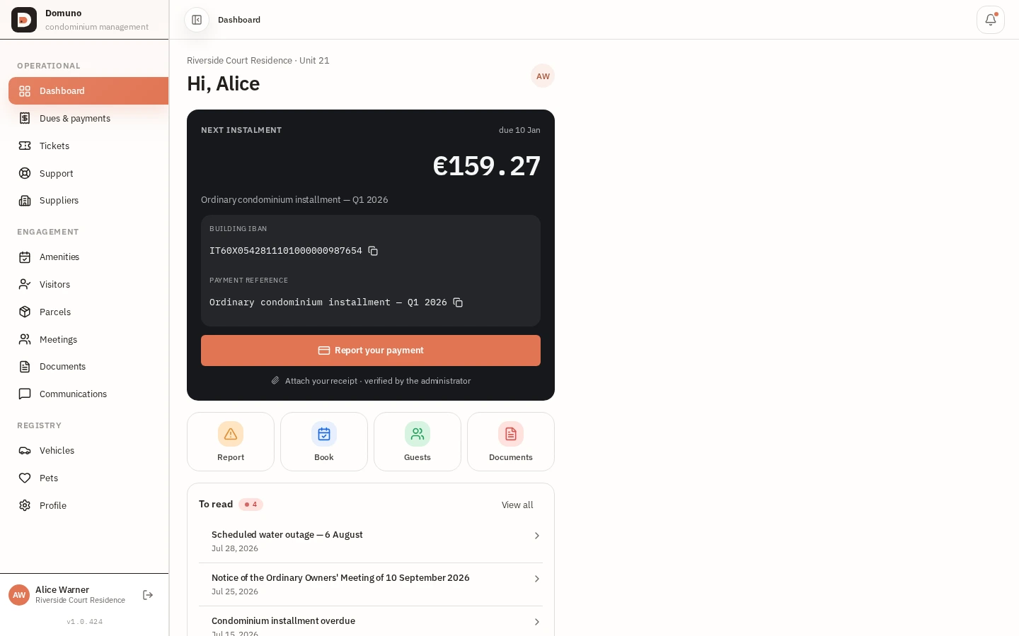 Resident dashboard with next installment, shortcuts and unread notices.