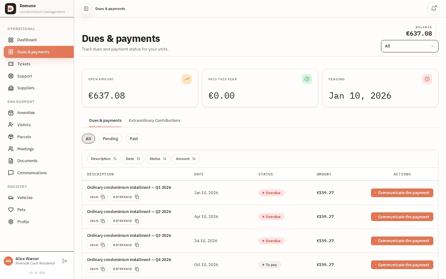 Dues & payments screen with summary, filters and installment history.