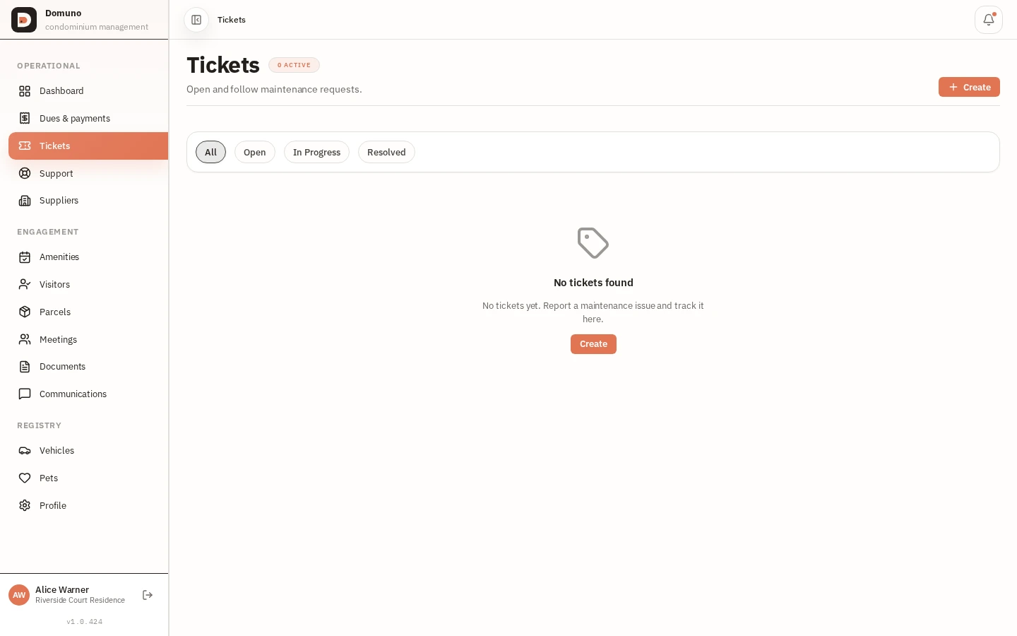 Resident ticket list with status and priority of each request.
