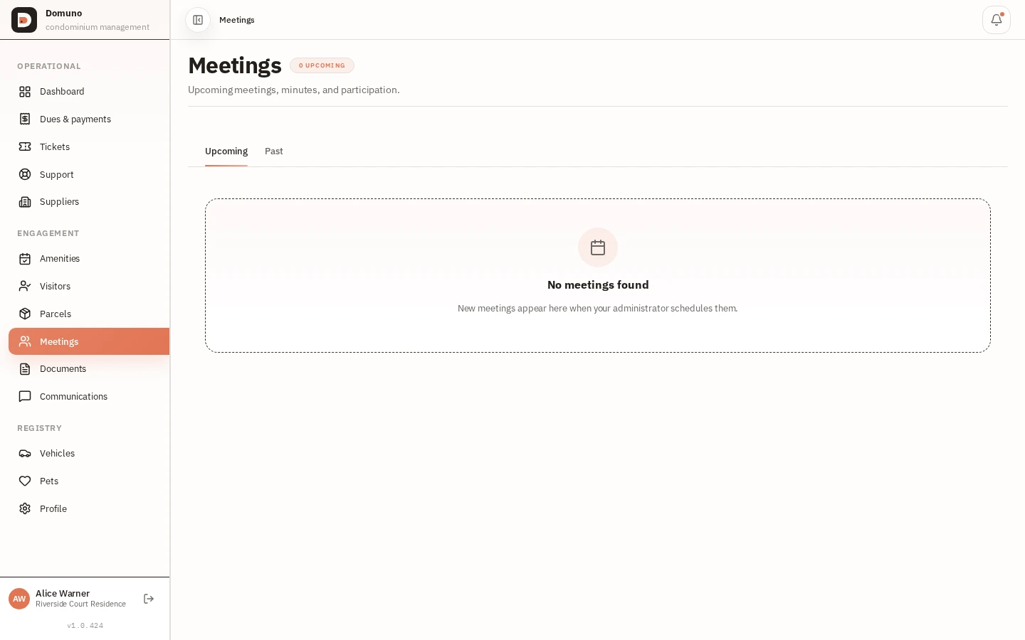 Resident meeting list with type, date and status.