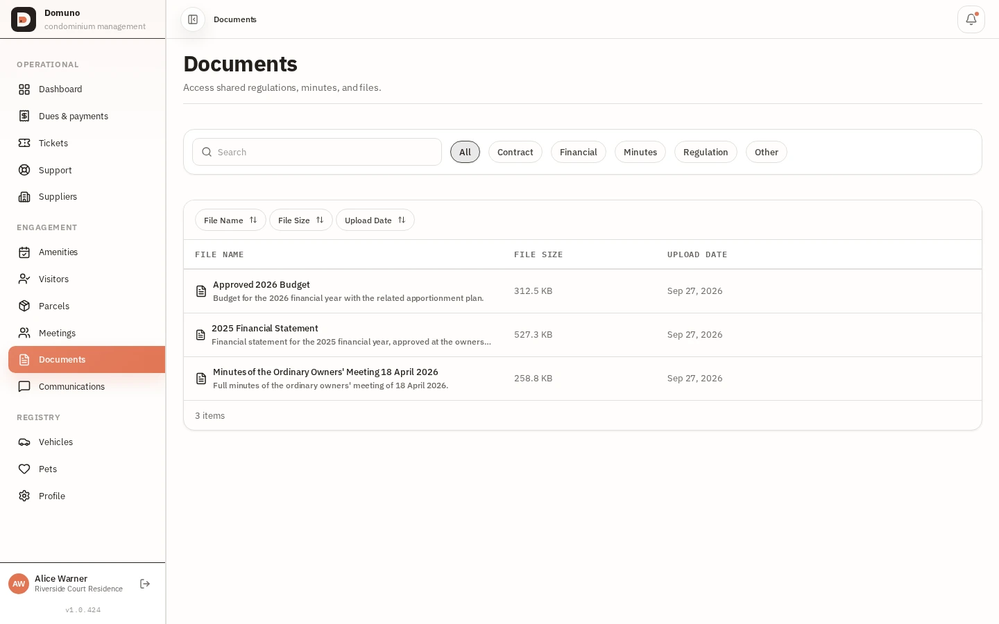 Documents shared by the manager with category and date.