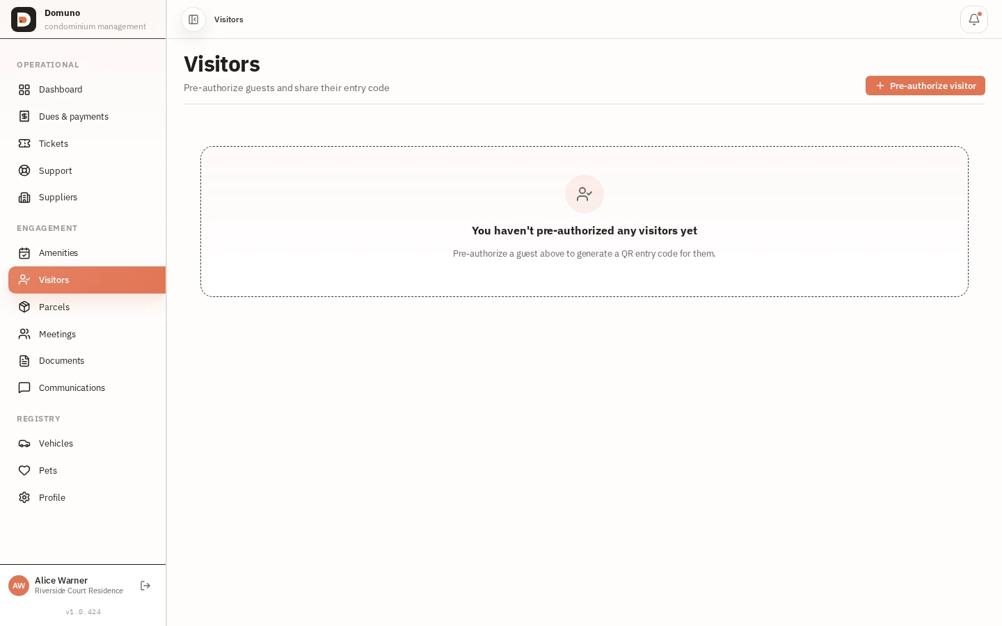 Visitor authorizations with date, time window and access status.