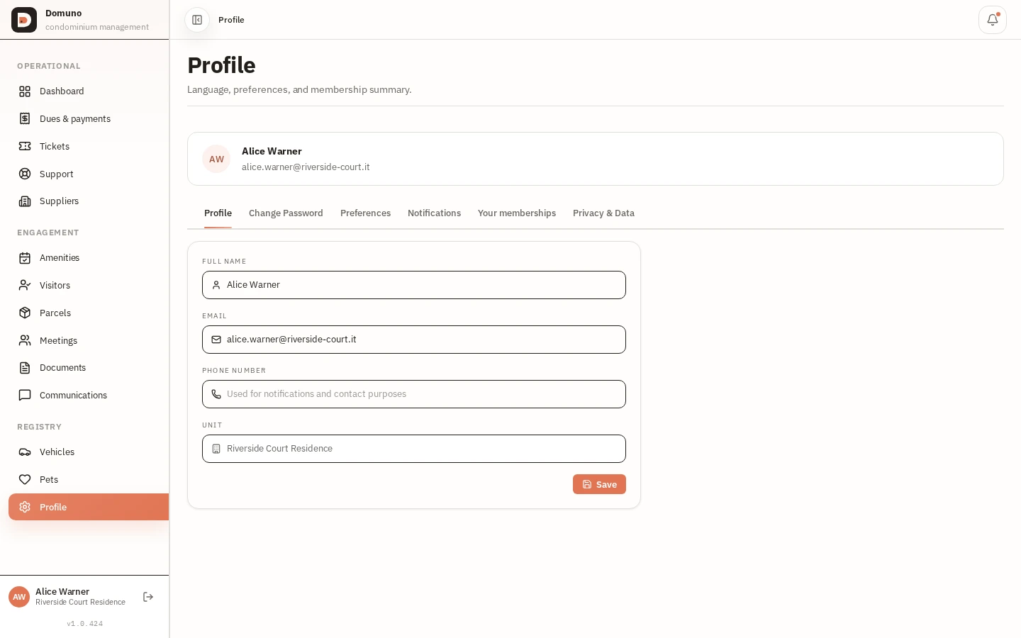 Resident profile with account details and access to vehicles and pets.