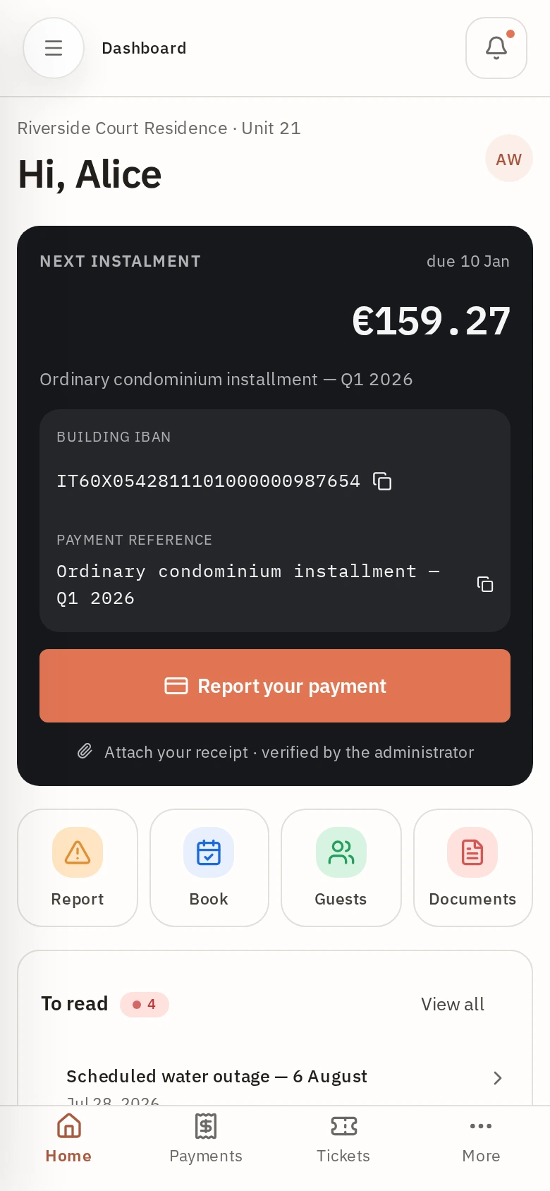 Resident dashboard on smartphone with the bottom navigation bar.