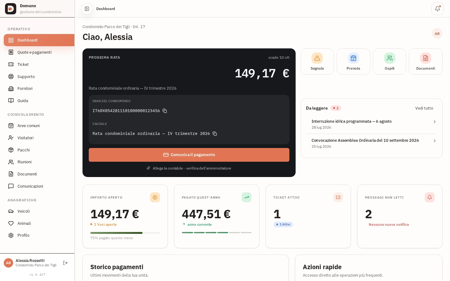 Dashboard residente con prossima rata, scorciatoie e avvisi non letti.