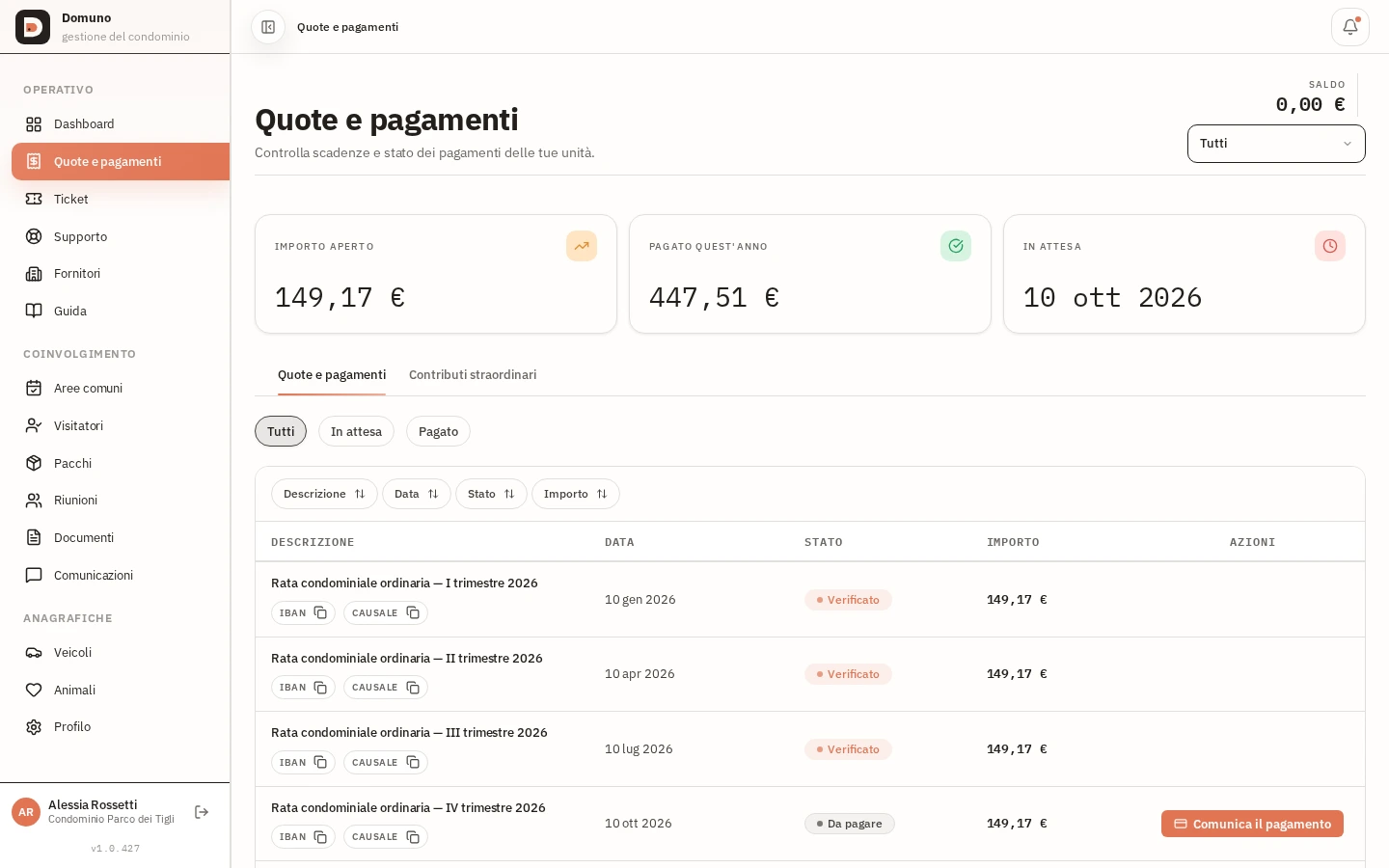 Schermata quote e pagamenti con riepilogo, filtri e storico delle rate.