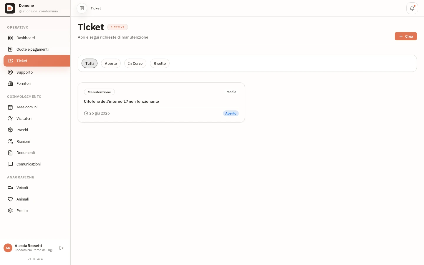 Elenco dei ticket del residente con stato e priorità di ogni richiesta.