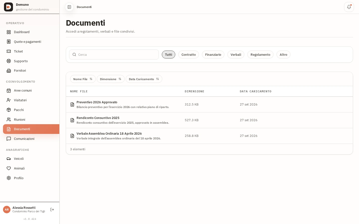 Documenti condivisi dall'amministratore, con categoria e data.