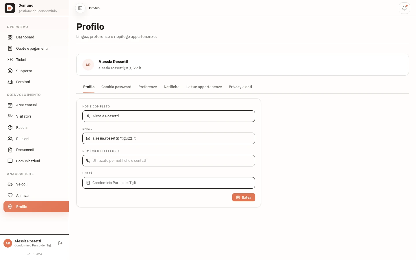Profilo del residente con dati dell'account e accesso a veicoli e animali.