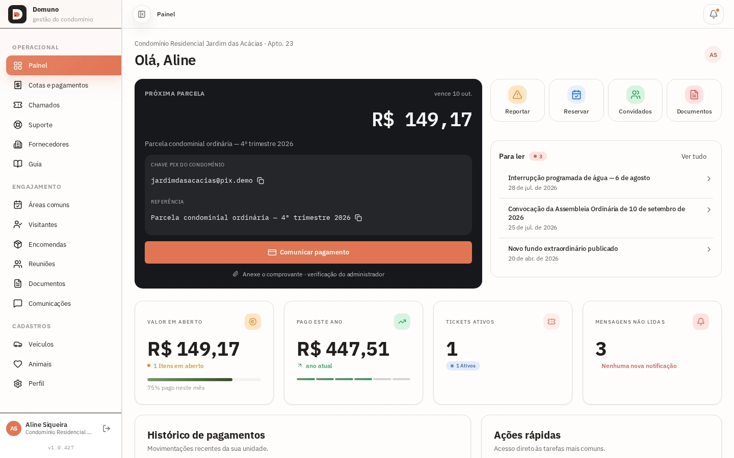 Painel do residente com a próxima parcela, atalhos e avisos não lidos.