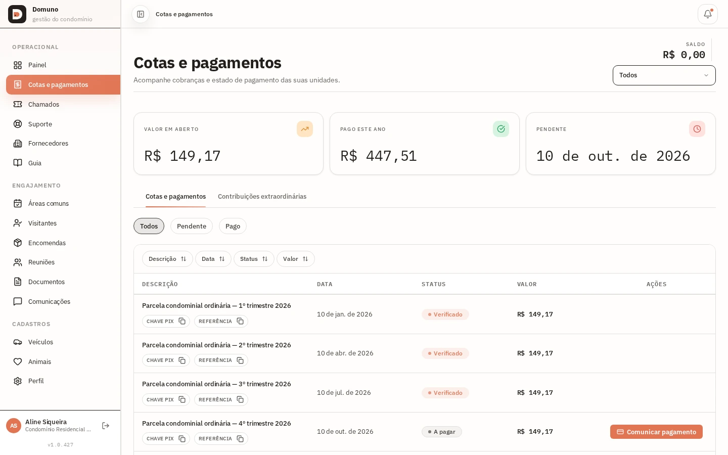 Tela de cotas e pagamentos com resumo, filtros e histórico de parcelas.