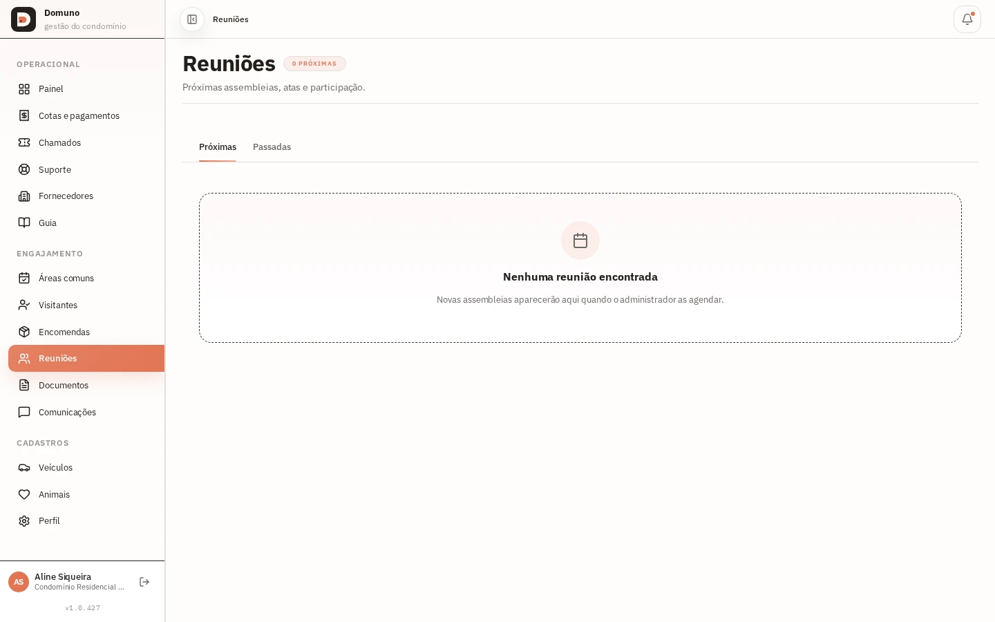 Lista de reuniões do residente com tipo, data e status.