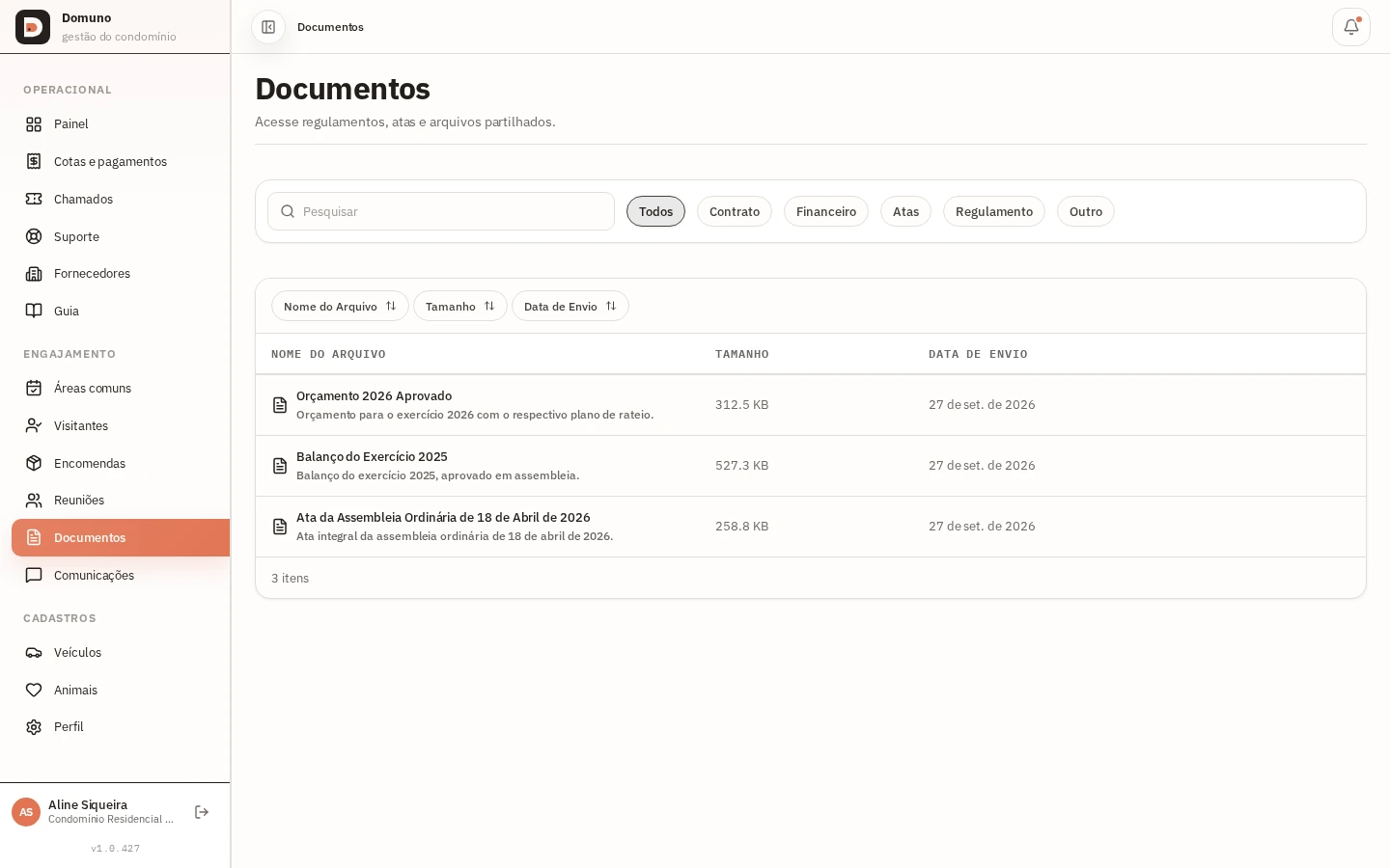 Documentos compartilhados pelo administrador, com categoria e data.