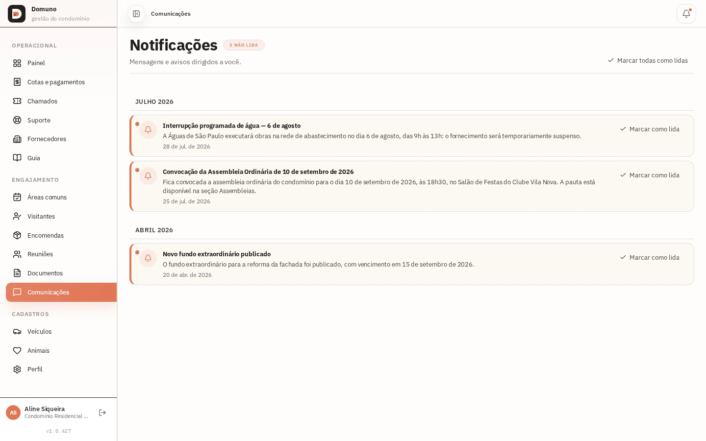 Central de comunicações com avisos do condomínio e status de leitura.