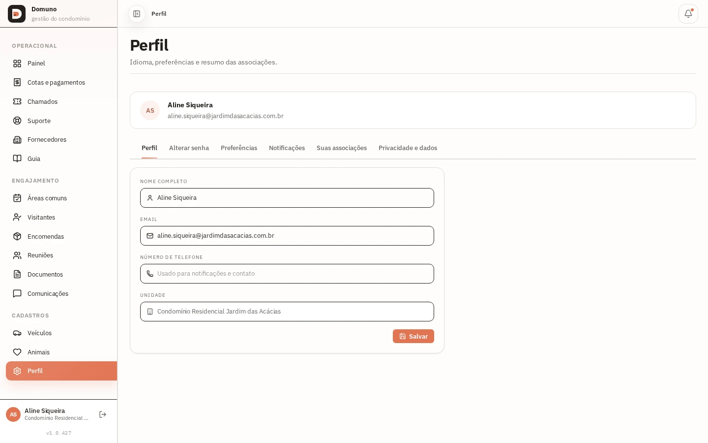 Perfil do residente com dados da conta e acesso a veículos e animais.