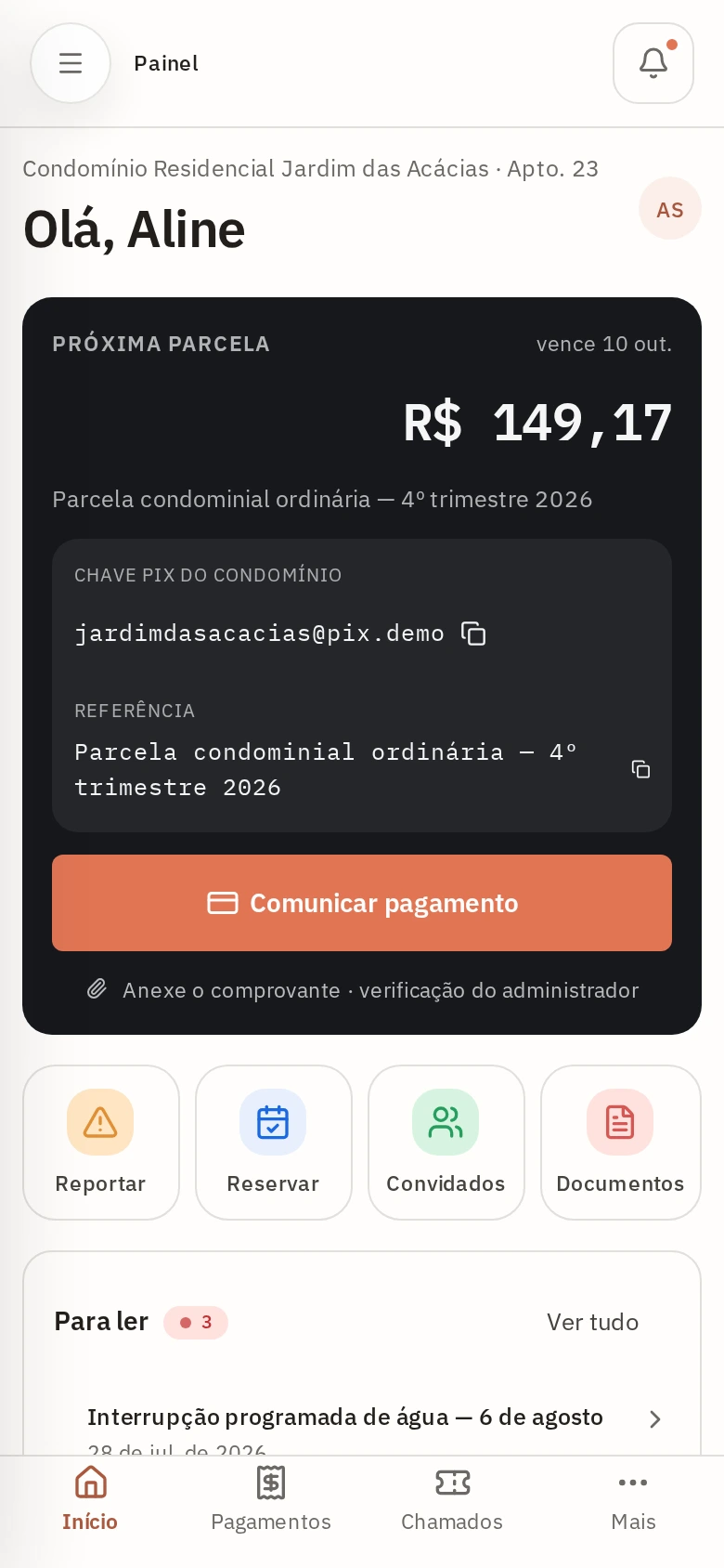 Painel do residente no celular com barra de navegação inferior.