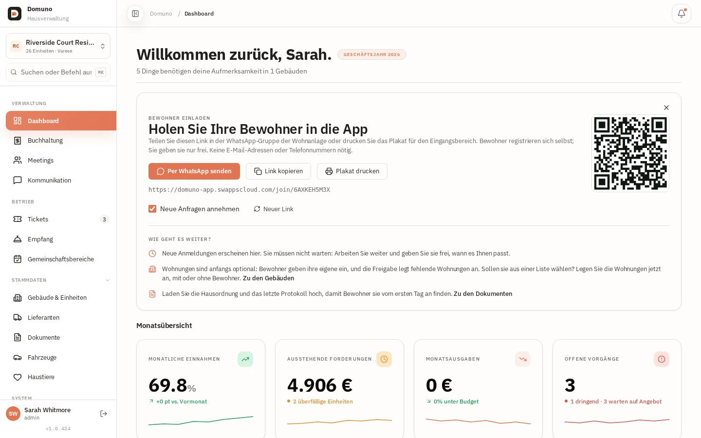 Verwalter-Dashboard mit Statuskennzahlen, Cashflow und nächster Versammlung.