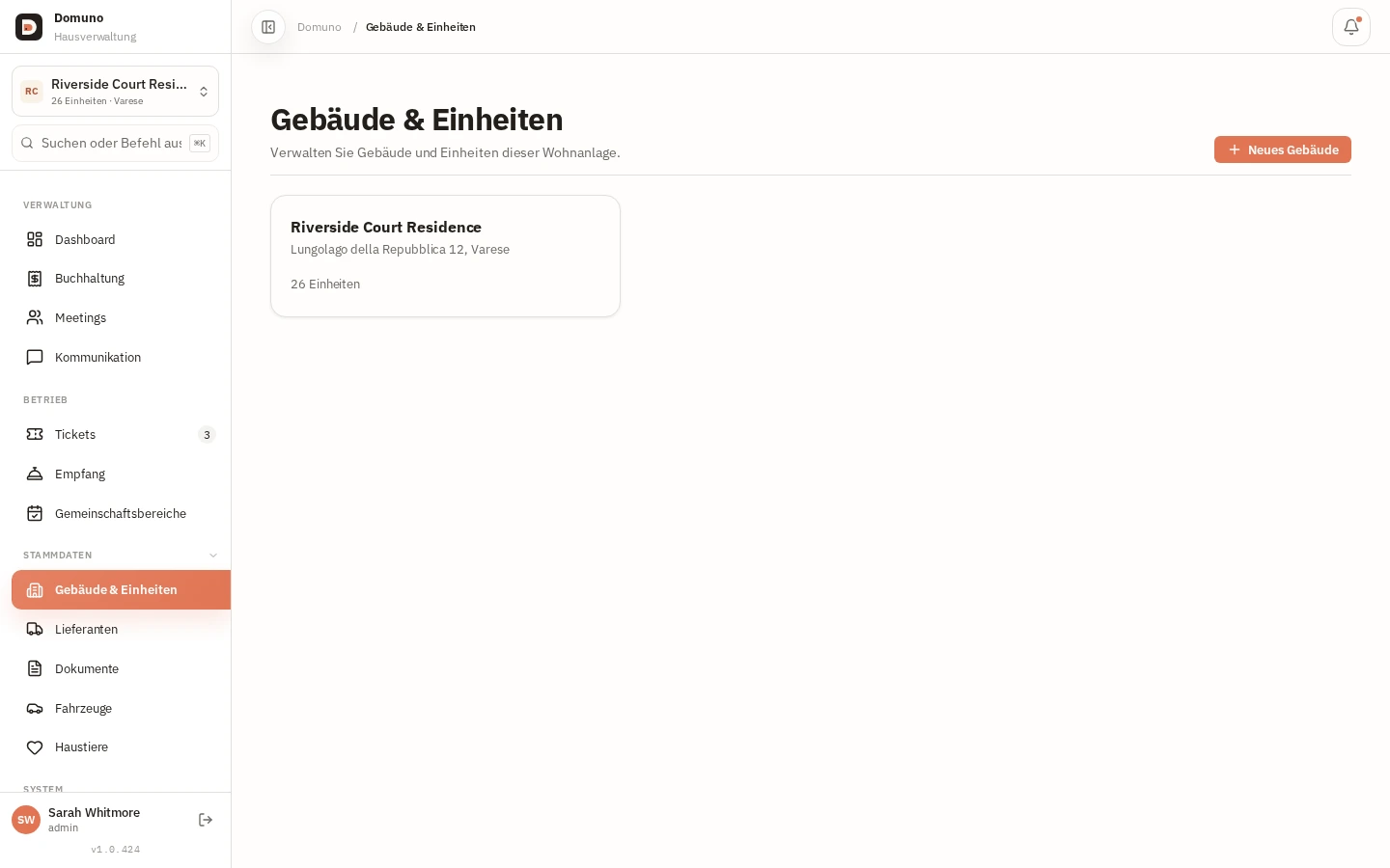 Liste der verwalteten Gebäude mit Adresse und Anzahl der Einheiten.