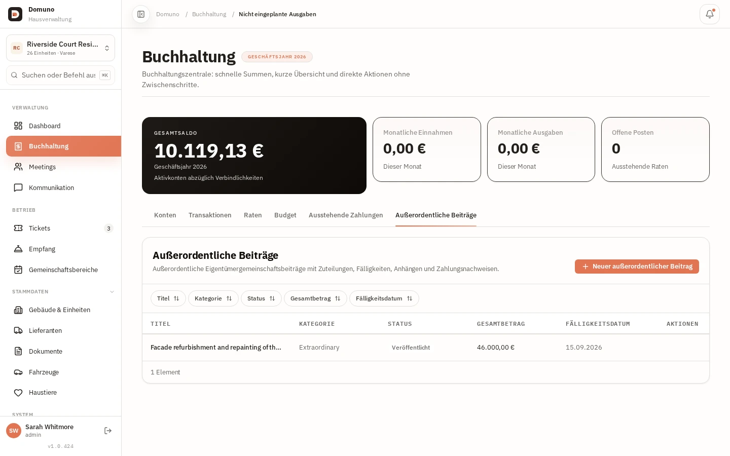 Ein außerordentlicher Beitrag mit Kategorie, Status und Fälligkeitsdatum.