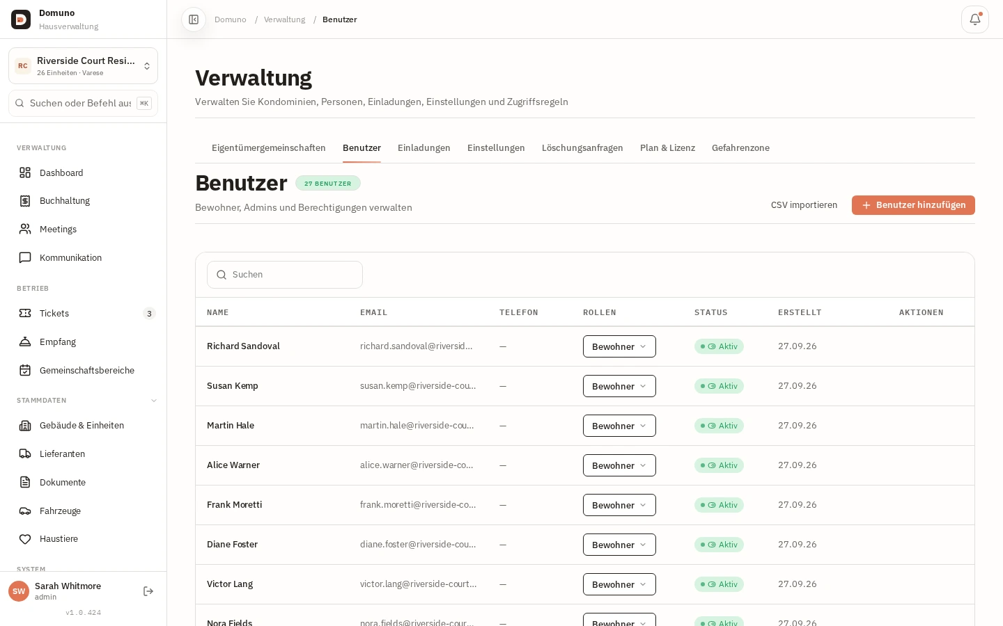 Tab Benutzer mit der Liste der Bewohner und Administratoren der Anlage.