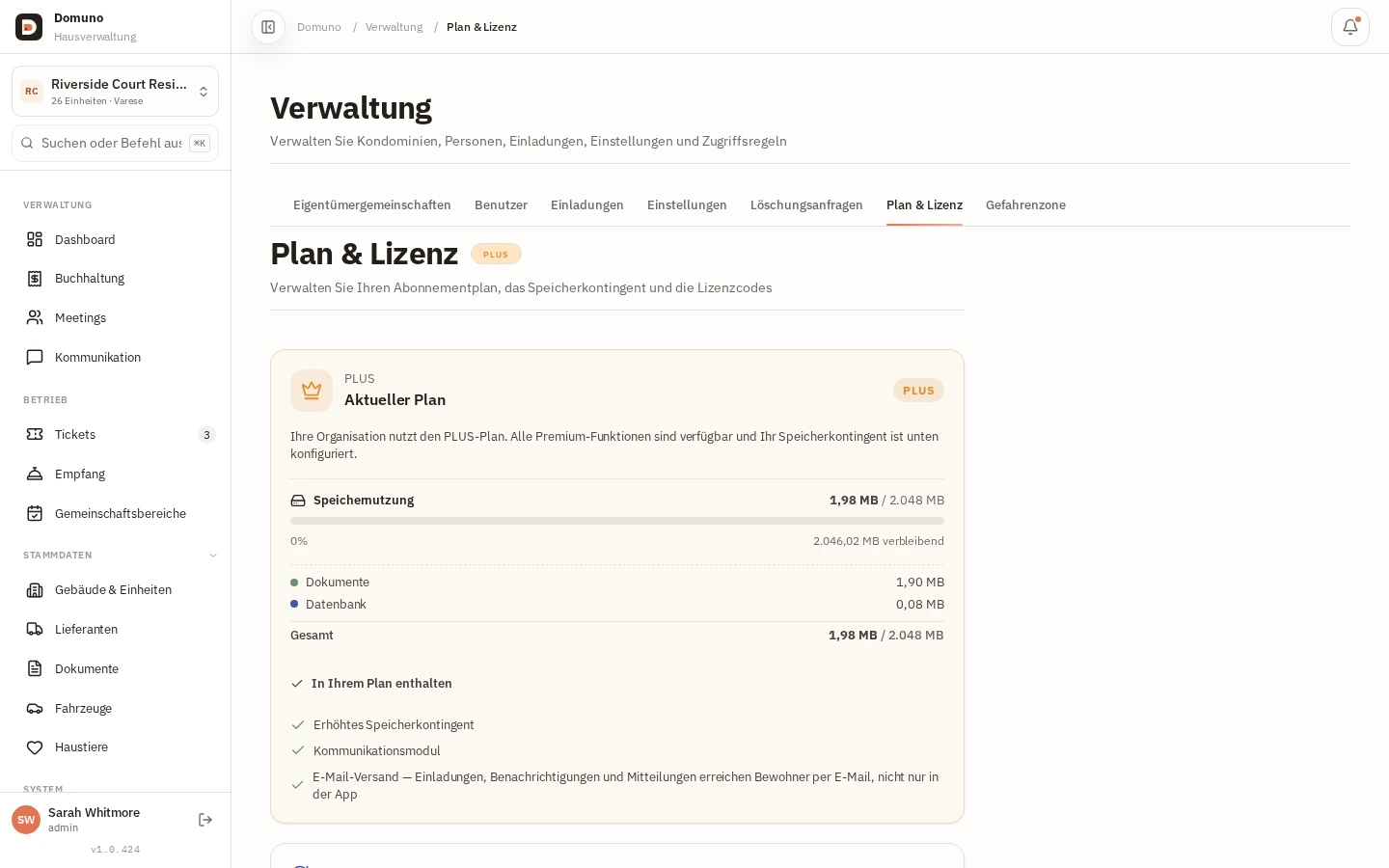 Aktiver Abonnement-Tarif mit Speichernutzung und enthaltenen Funktionen.