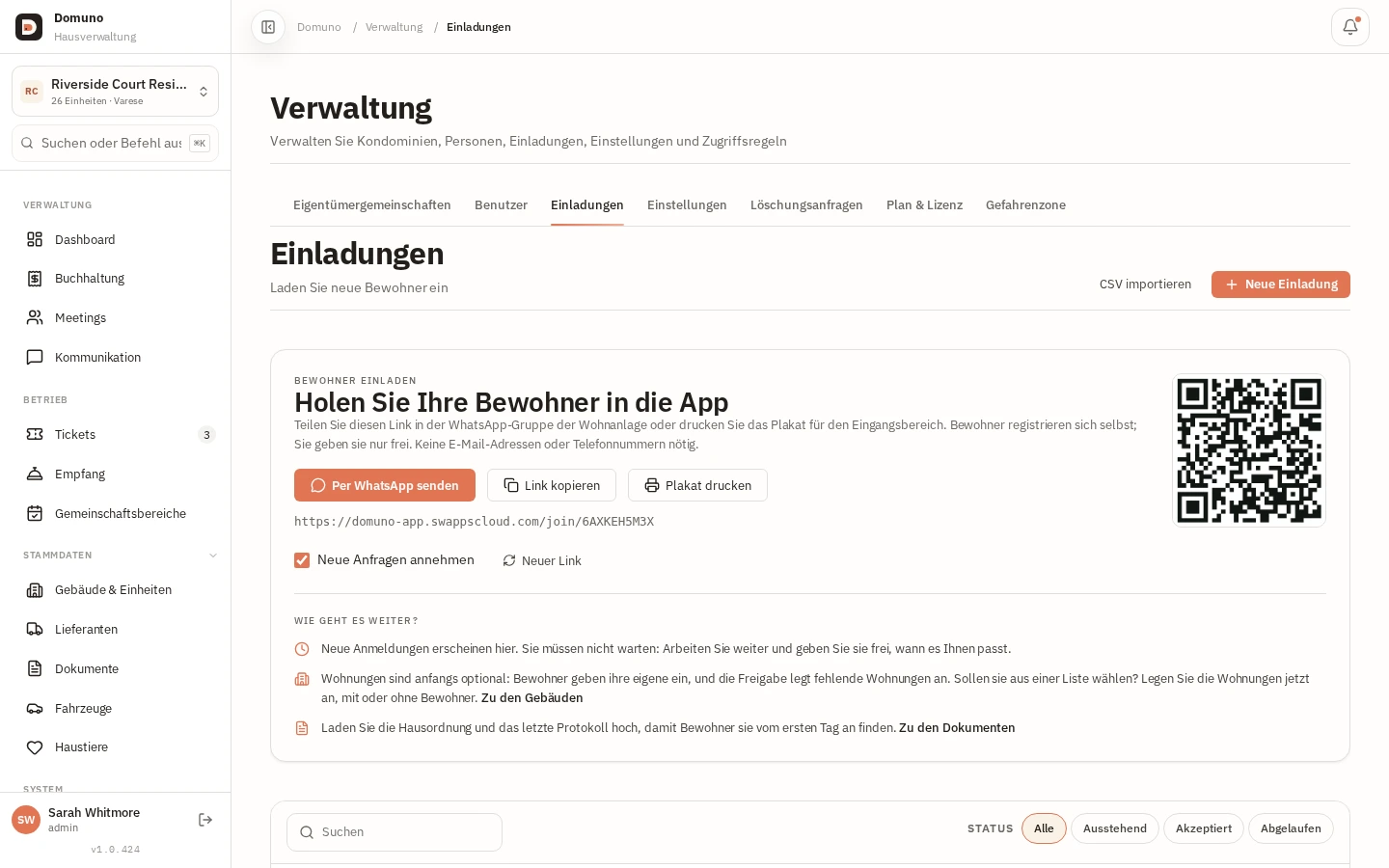 Tab Einladungen mit Link/QR-Code der Anlage und der Liste der Anfragen, die auf Freigabe warten.