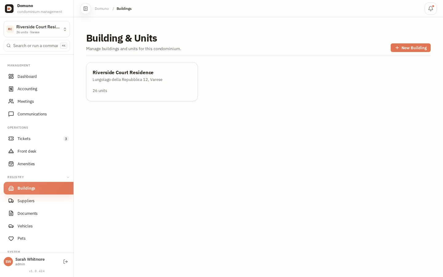 List of managed buildings with address and number of units.