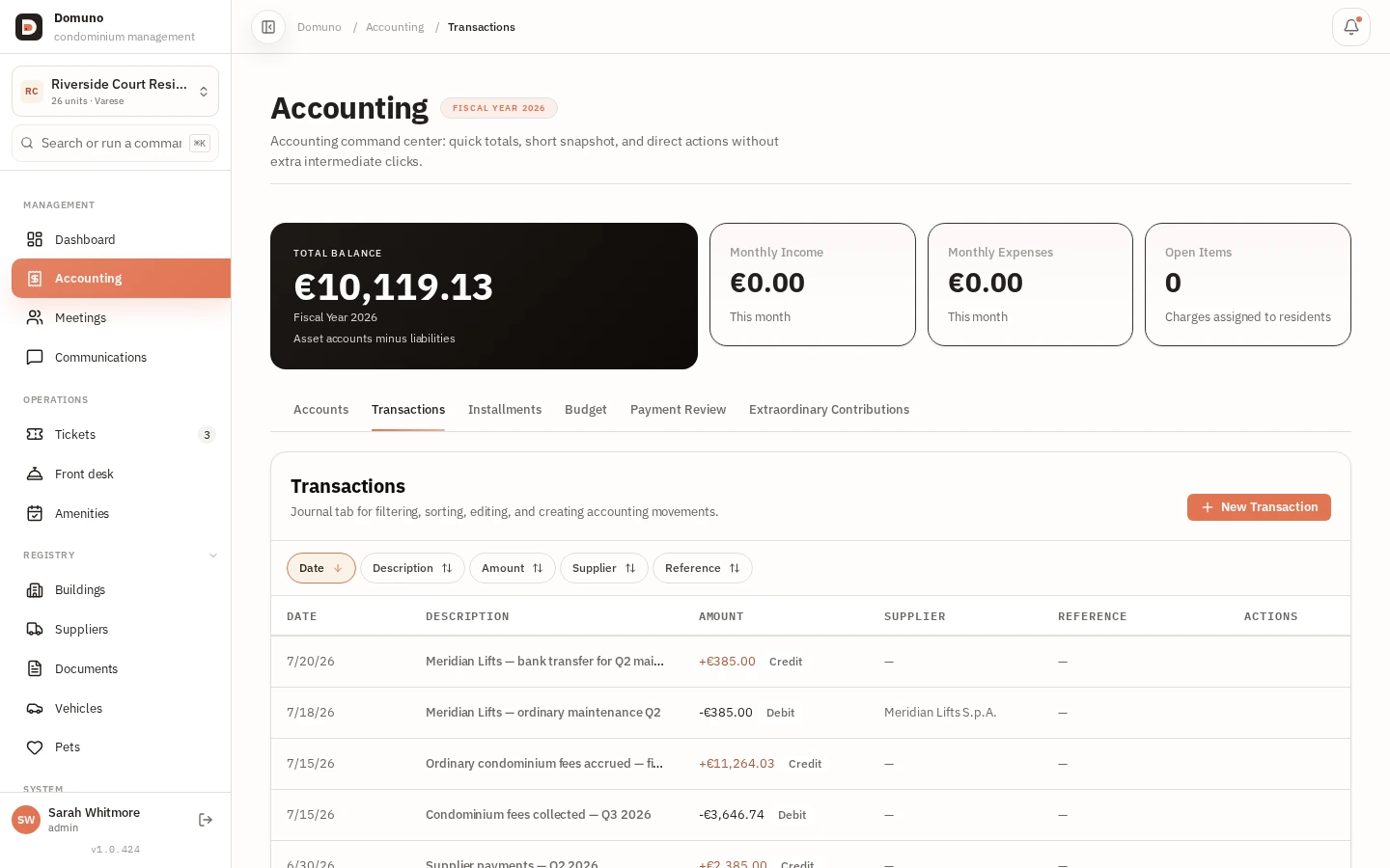 List of accounting transactions in date order with description and amount.