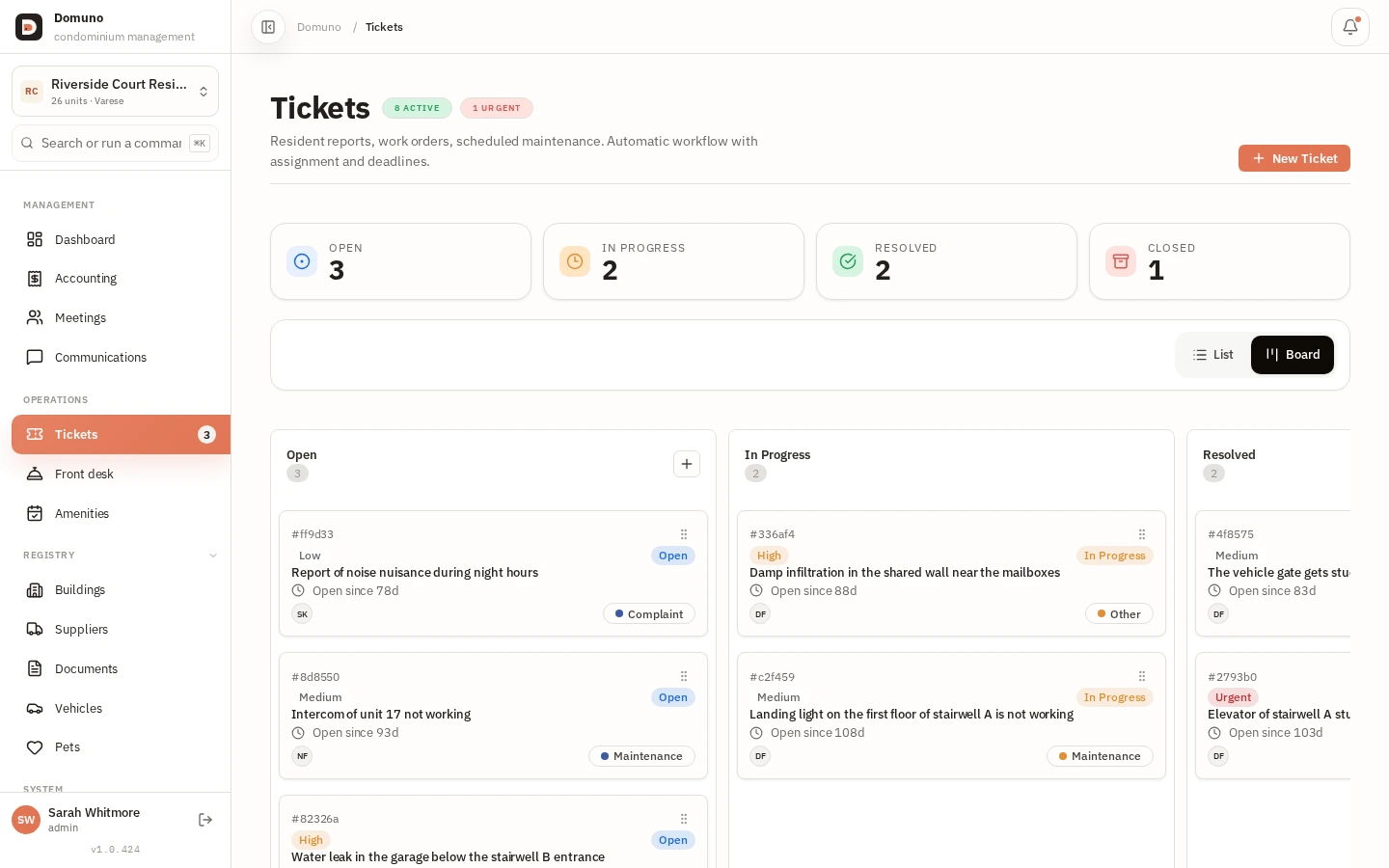 Ticket board with priority, category and status of each request.