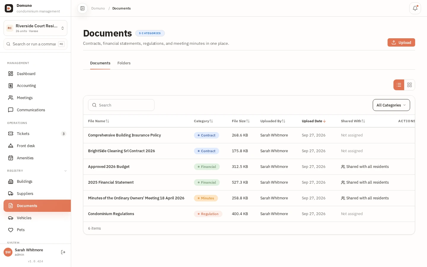 Document archive with category, size and visibility of each file.