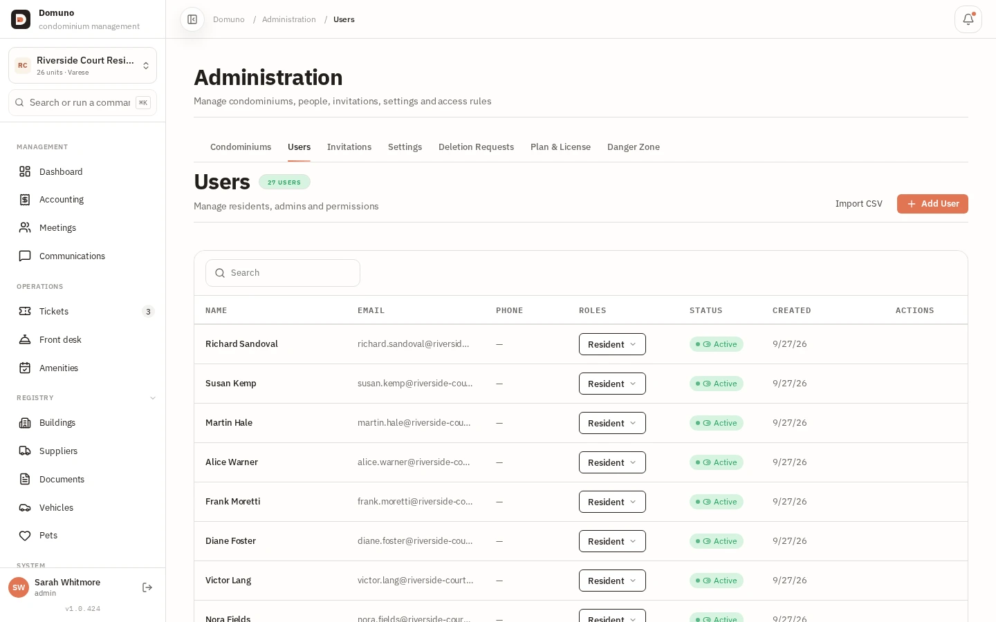 Users tab with the list of residents and administrators of the building.