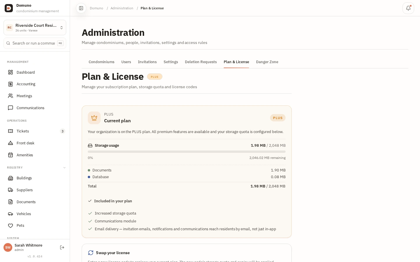 Active subscription plan with storage usage and included features.