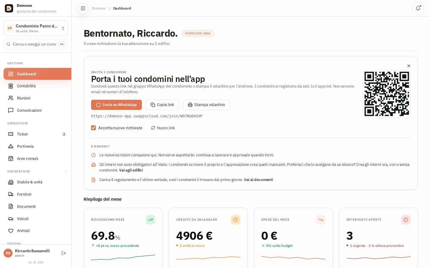 Dashboard amministratore con indicatori, flusso di cassa e prossima assemblea.