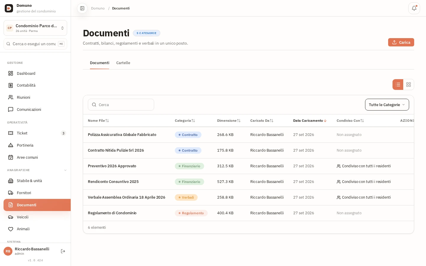 Archivio documenti con categoria, dimensione e visibilità di ciascun file.