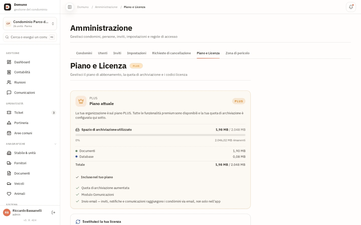 Piano di abbonamento attivo con spazio di archiviazione e funzionalità incluse.