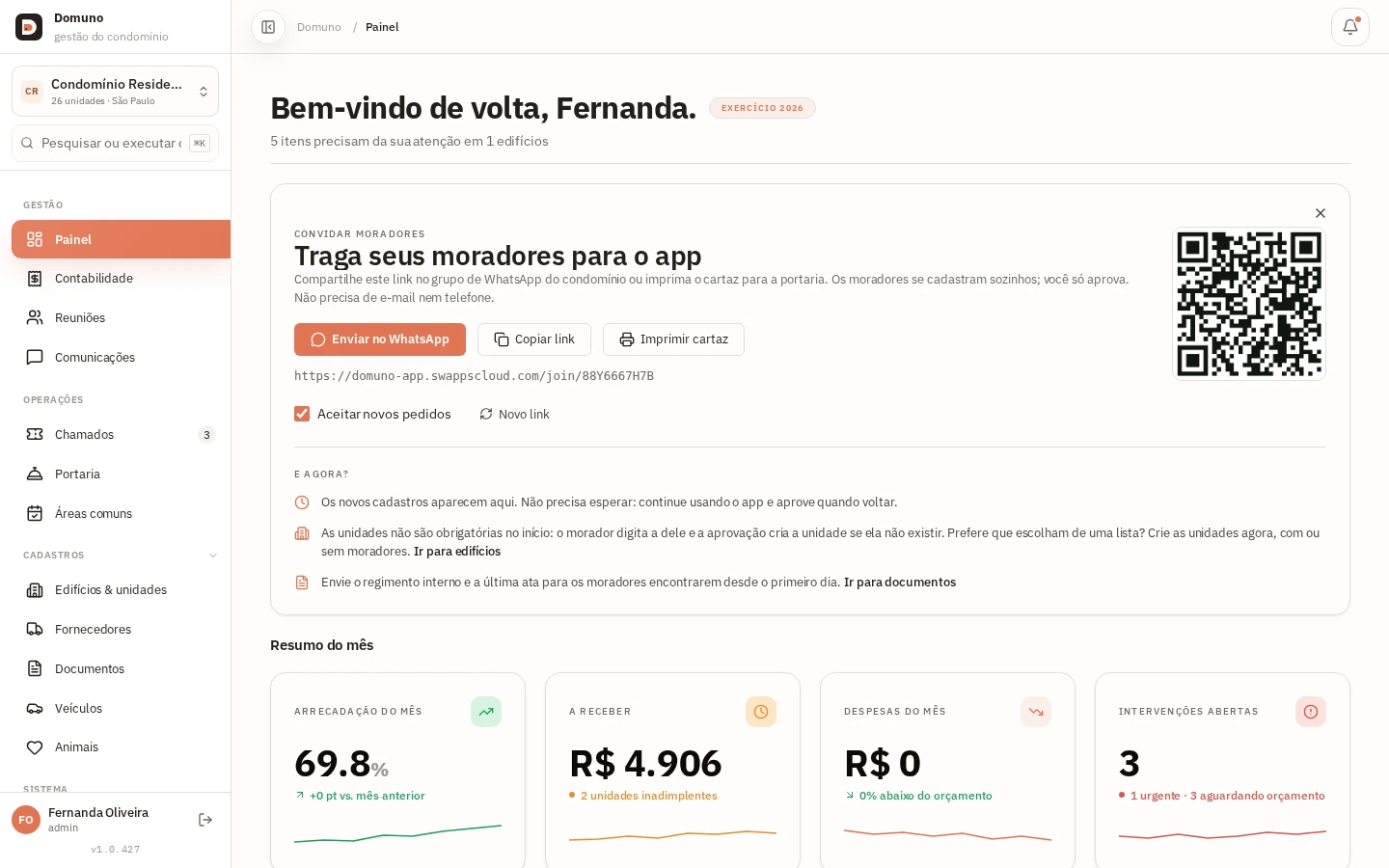 Dashboard do síndico com indicadores, fluxo de caixa e próxima assembleia.