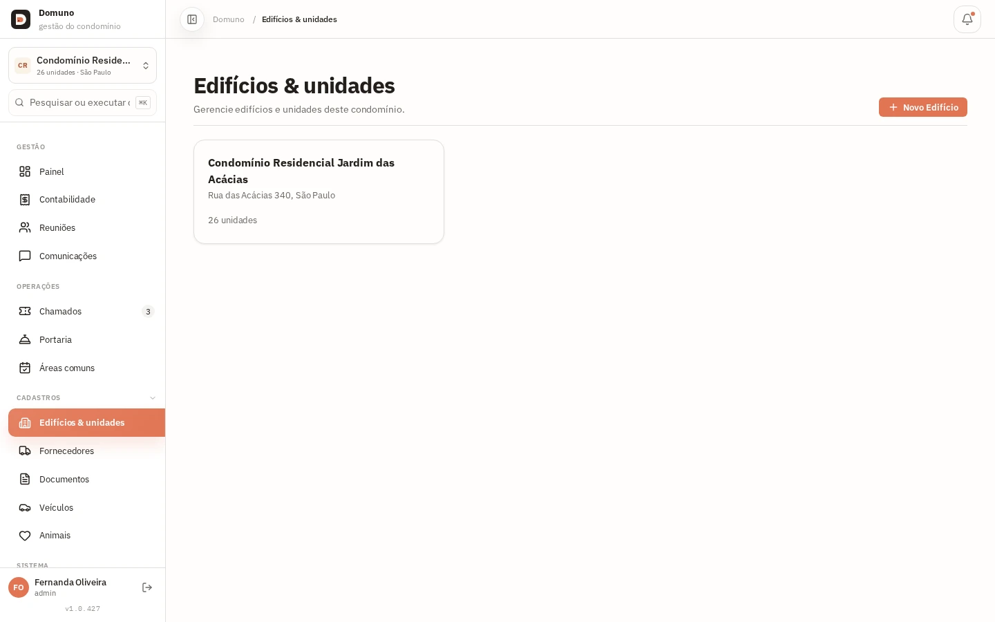 Lista de edifícios com endereço e número de unidades cadastradas.