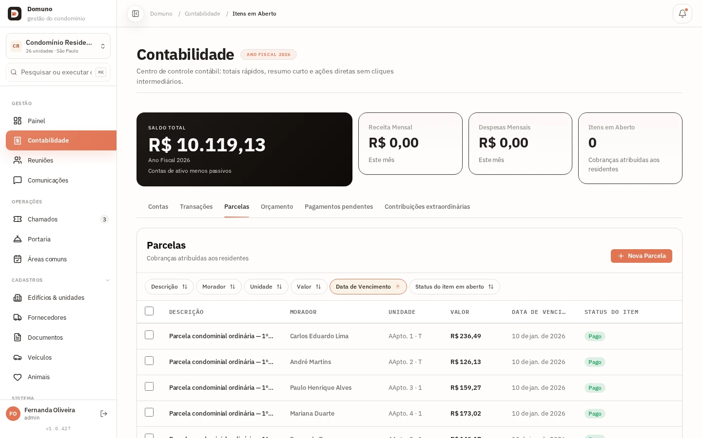 Aba de cobranças: parcelas por unidade, com status de pagamento.