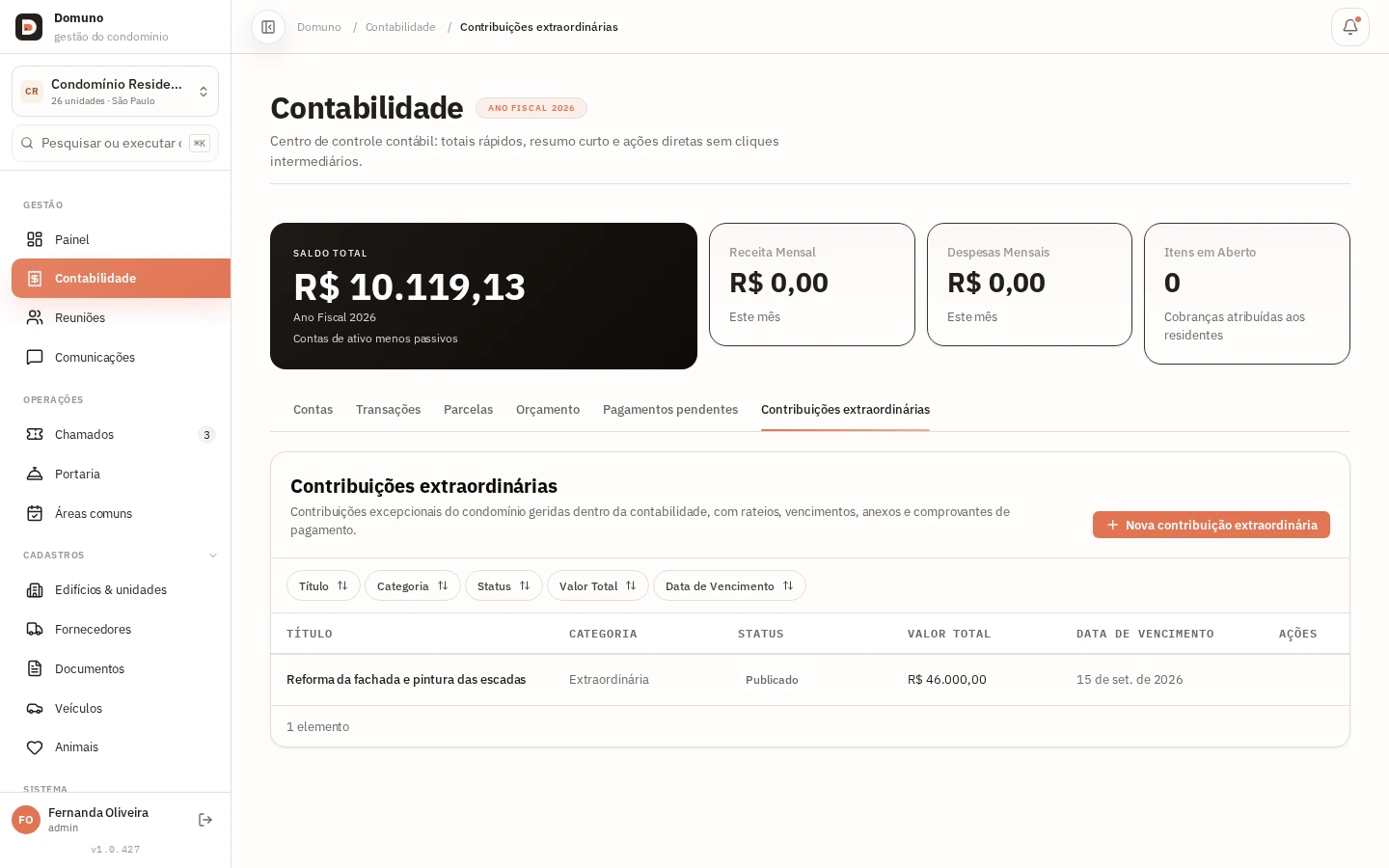 Uma contribuição extraordinária com categoria, status e data de vencimento.
