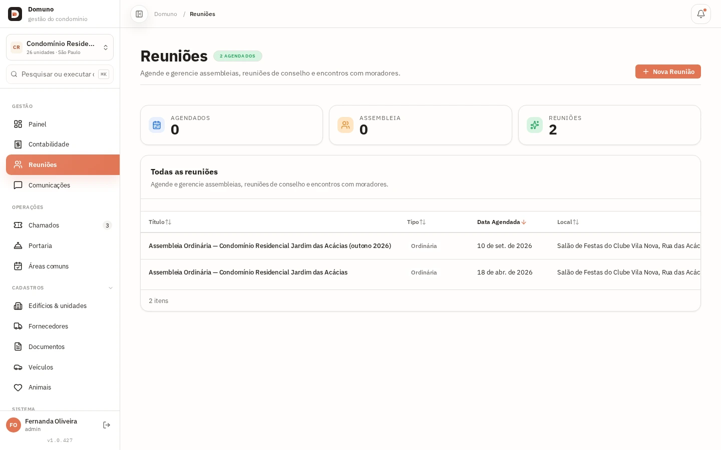 Lista de reuniões com tipo, data prevista, local e status de cada uma.