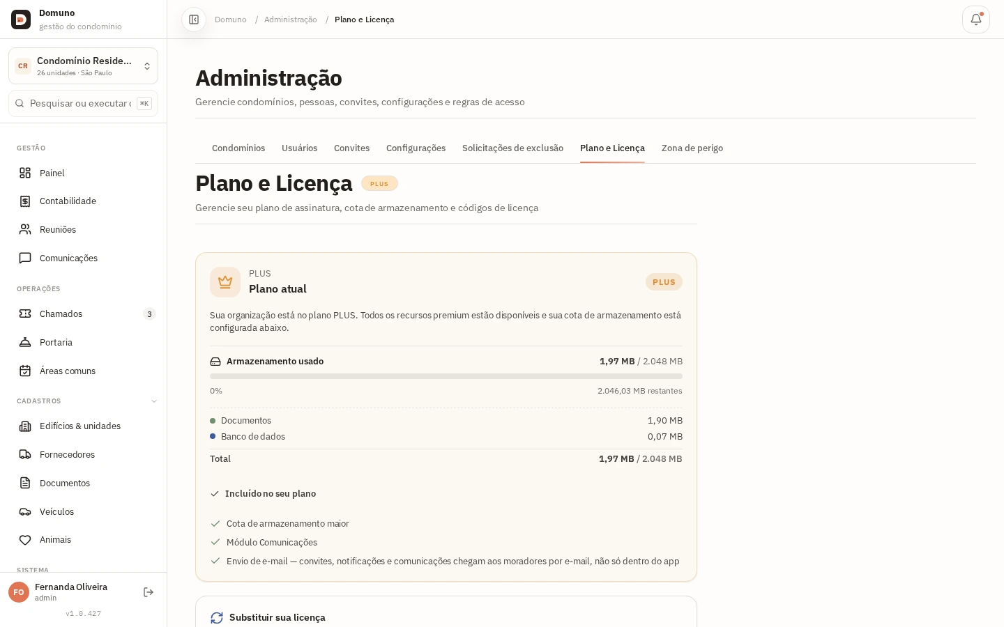 Plano ativo com indicação de uso de armazenamento e recursos incluídos.